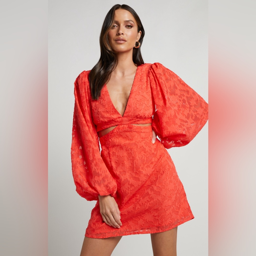 SHOWPO ARYANA MINI DRESS - PUFF SLEEVE BODICE CUT-OUT DRESS IN CORAL